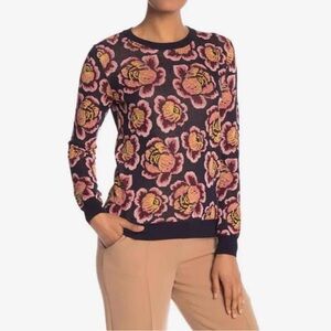 Catherine Malandrino Jacquard Floral Crew Neck Sweater, Pink & Navy Blue, small
